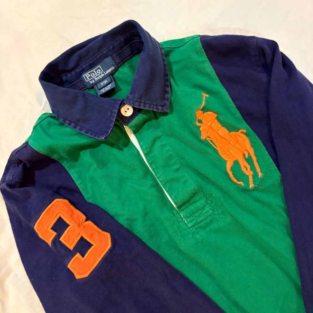 Polo Ralph Lauren  Big Pony Rugby Shirt Navy Green‎ Orange Size S 8 Long Sleeve